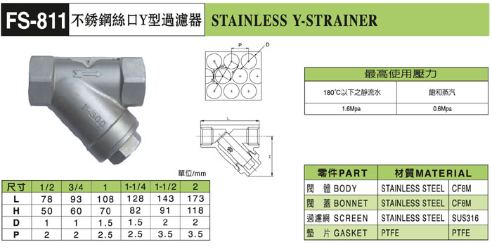 臺灣富山不銹鋼絲口Y型過(guò)濾器